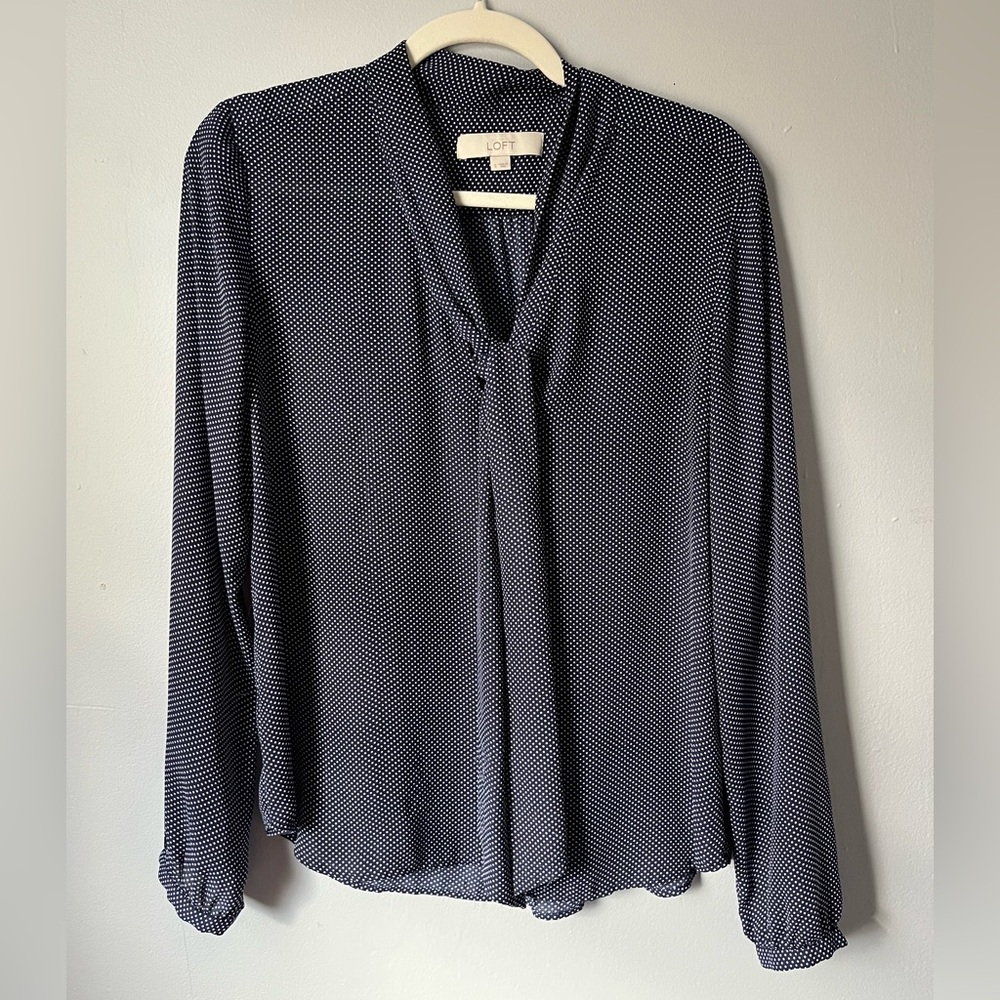 LOFT Women's Navy and White Polkadot Front-tie Blouse